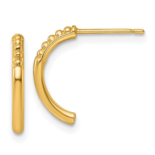 14k Yellow Gold Polished and Beaded J-Hoop Earrings Gift for Women