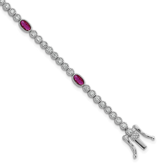Sterling Silver and Beaded Fancy Oval Red and Round White CZ 7" Bracelet