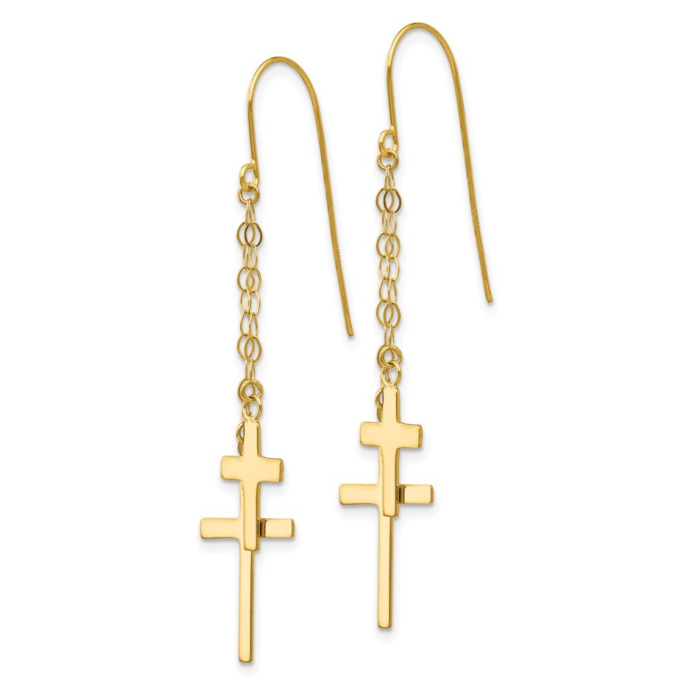 14k Yellow Gold Chain Dangle Cross Drop Dangle Earrings w/ Shepherd Hook
