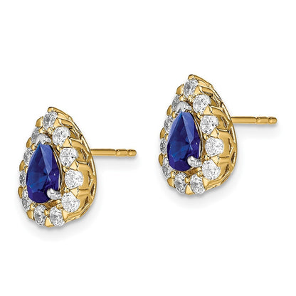 14k Yellow Gold Pear Sapphire and Diamond Halo Stud Earrings