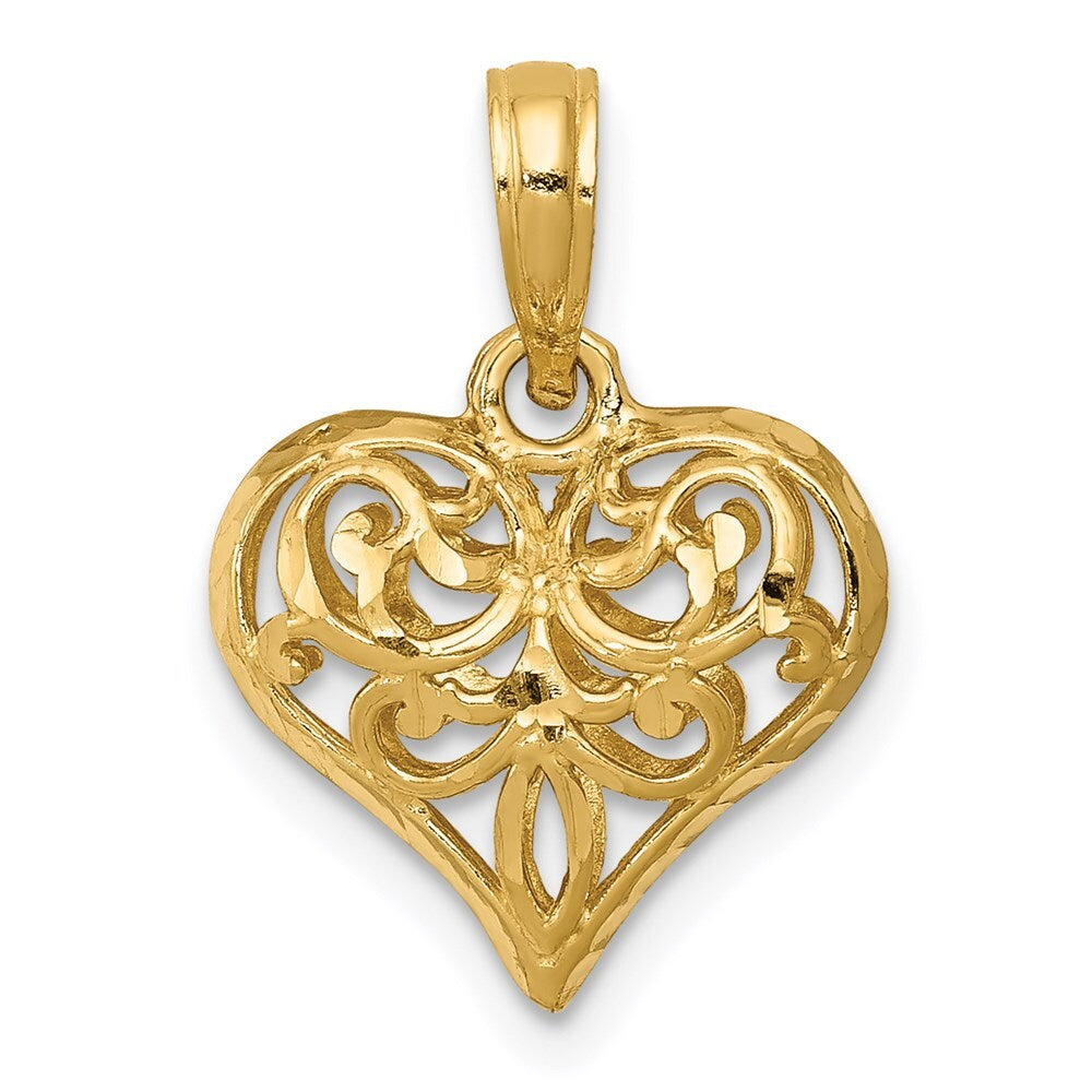 14k Yellow Gold Polished 3-D Filigree Puffed Heart Pendant for Women
