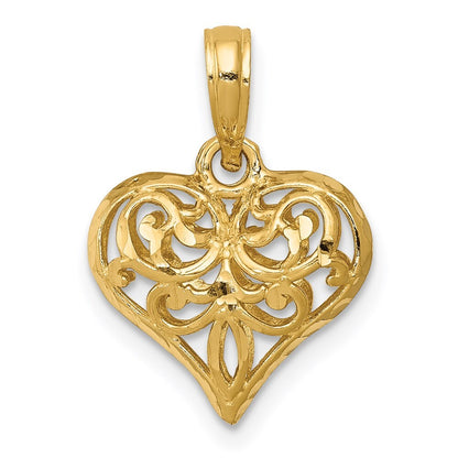 14k Yellow Gold Polished 3-D Filigree Puffed Heart Pendant for Women