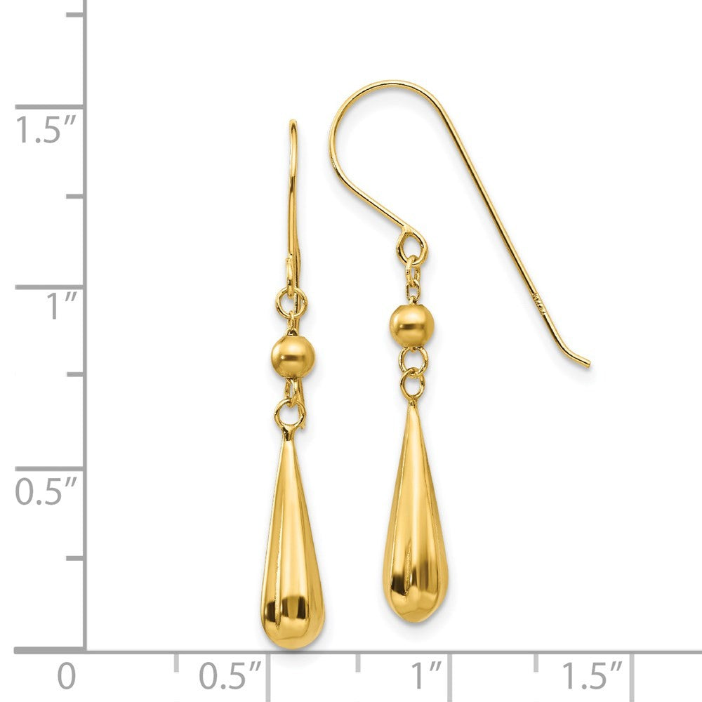 14k Yellow Gold Grooved Puffed Teardrop Drop Dangle Earrings w/ Shepherd Hook