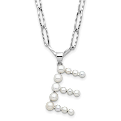 Sterling Silver 3-5.5mm White Button Cultured Pearl LETTER E Necklace 18"