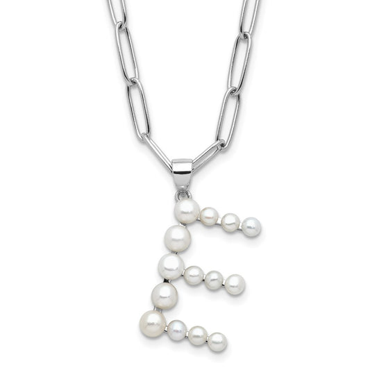 Sterling Silver 3-5.5mm White Button Cultured Pearl LETTER E Necklace 18"