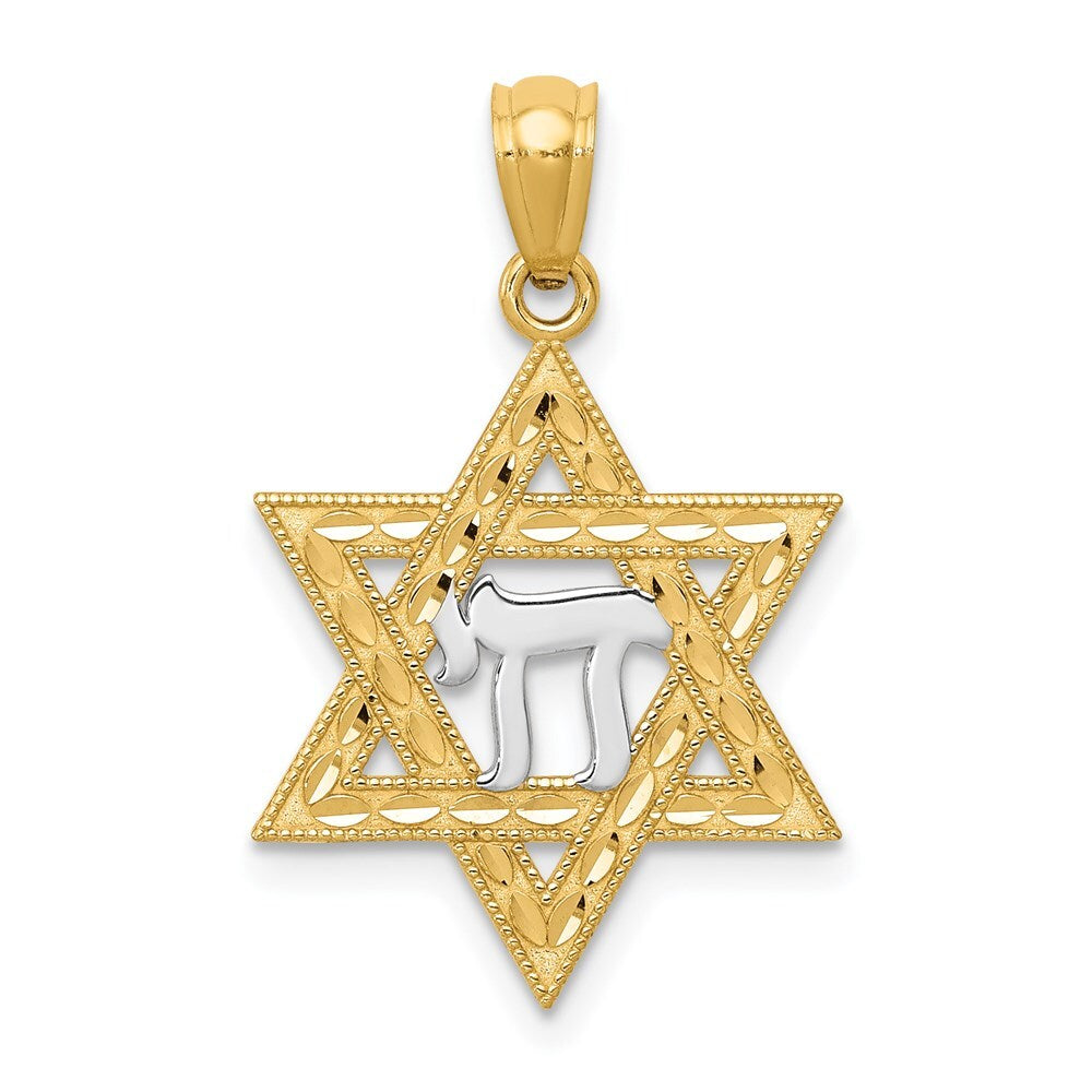 14k Yellow Gold Rhodium Star of David Chai Pendant for Women