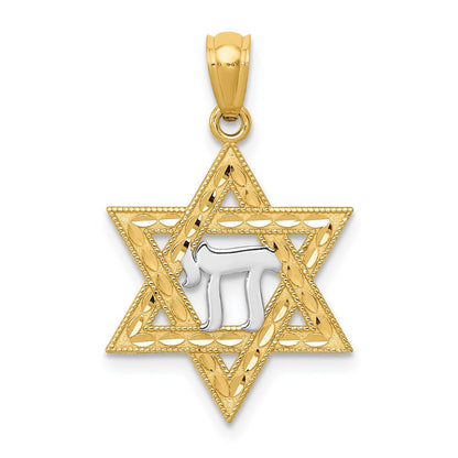 14k Yellow Gold Rhodium Star of David Chai Pendant for Women