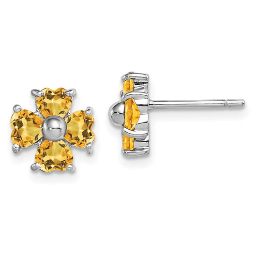 Sterling Silver Rhodium Plated Citrine Flower Earrings