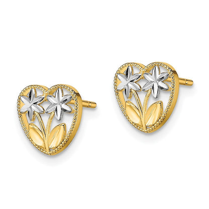 14k Yellow Gold Rhodium Diamond-Cut Flower and Heart Stud Earrings