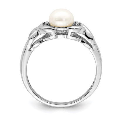 Sterling Silver Rhodium FW Cultured Button Pearl & Diamond Ring Size 8