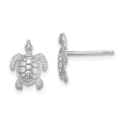 14K White Gold Polished / Textured Sea Turtle Stud Earrings Gift for Women