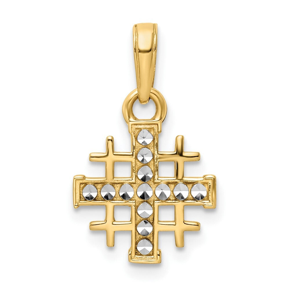 14k Yellow Gold Rhodium Diamond-Cut Jerusalem Cross Pendant for Women
