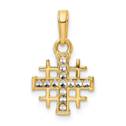 14k Yellow Gold Rhodium Diamond-Cut Jerusalem Cross Pendant for Women