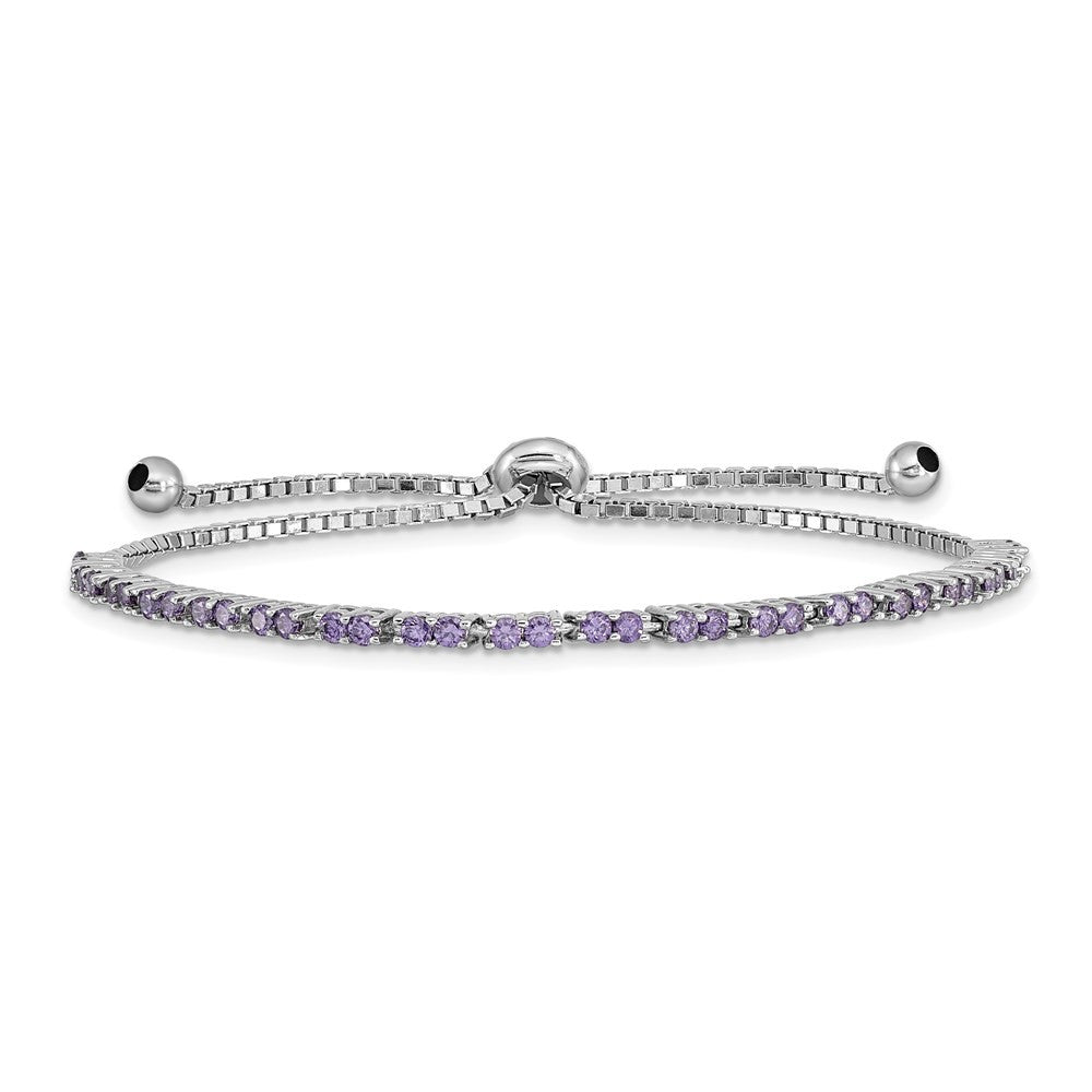 Sterling Silver Rhod-plated February Purple CZ Adjustable Bracelet