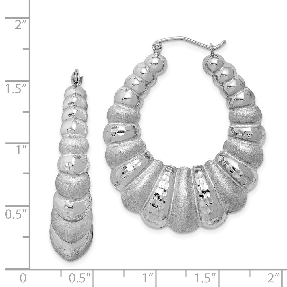 Sterling Silver Rhodium-plated Satin & Diamond-cut Shrimp Oval Hoop Earrings
