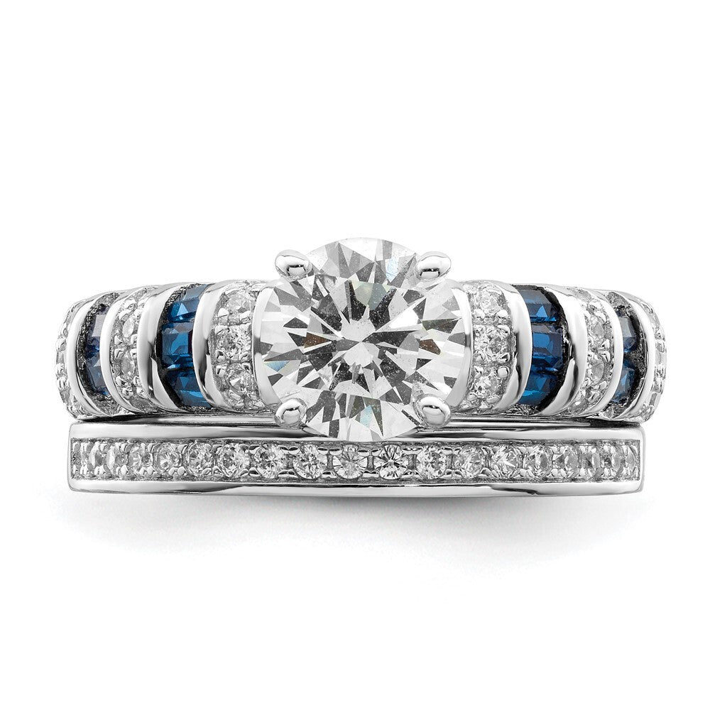 Sterling Silver Rhodium-plated Polished Blue & White CZ Engagement Ring Size 6