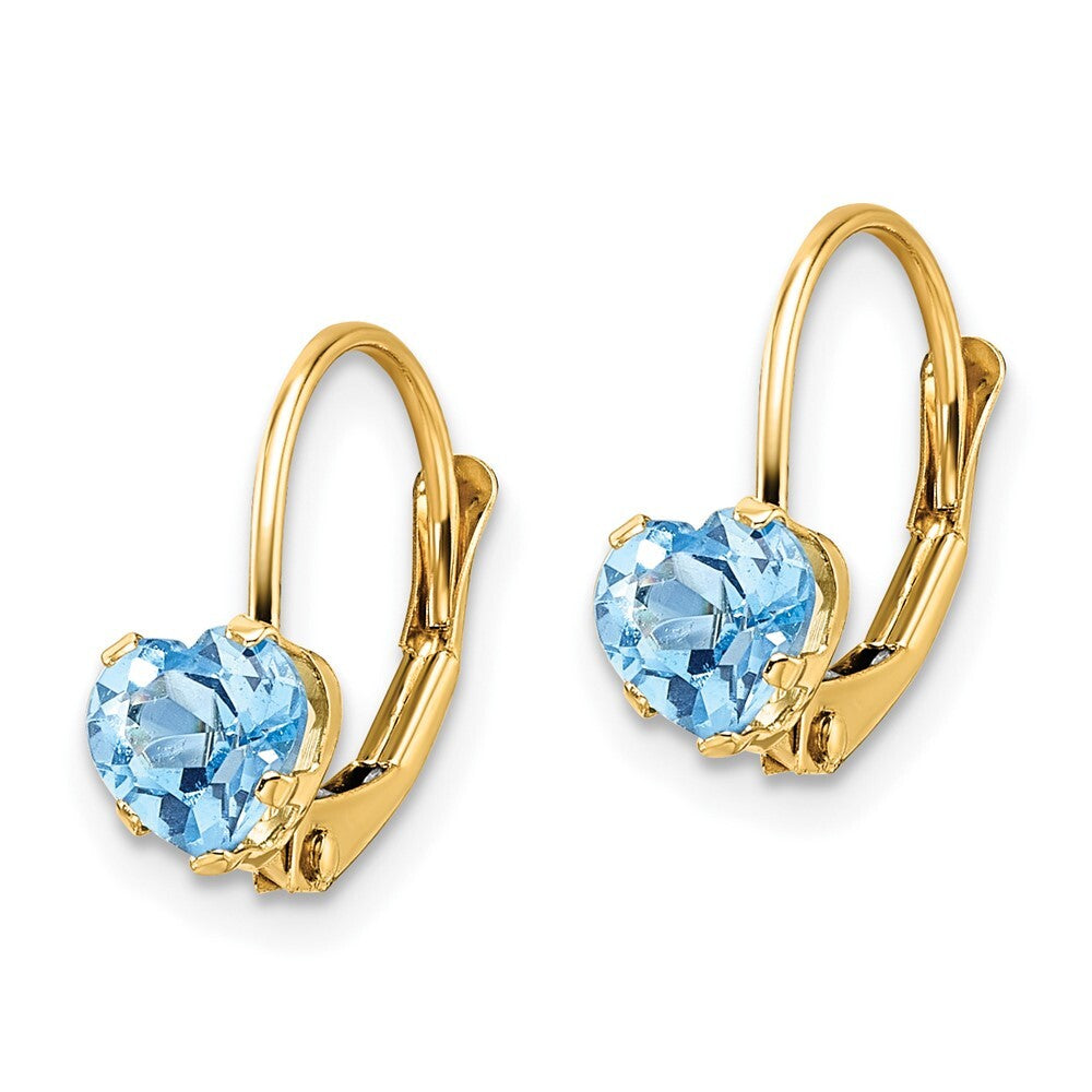 14k Yellow Gold 5mm Heart Blue Topaz Dangle Earrings Leverback Gift for Women