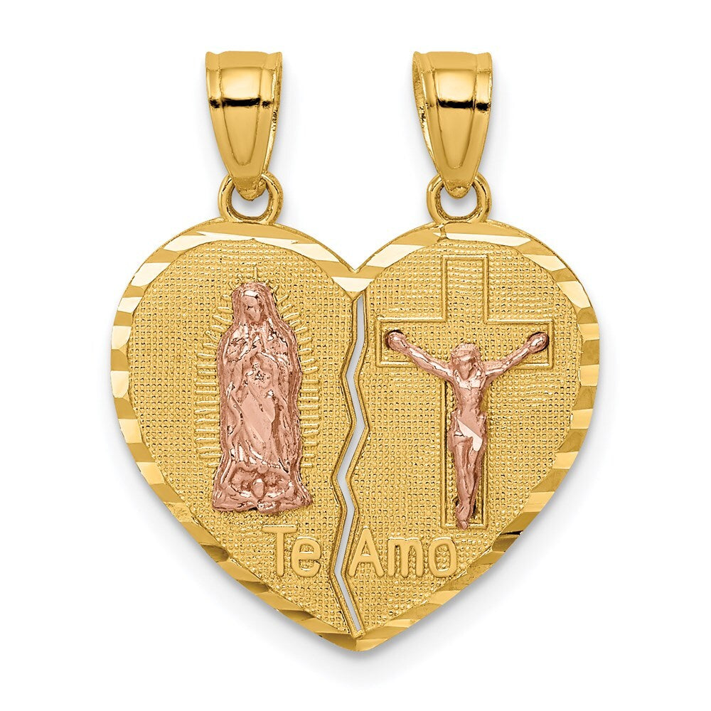 14k Two-tone Gold  Reversible Lady of Guadalupe&Crucifix Breakapart Pendant