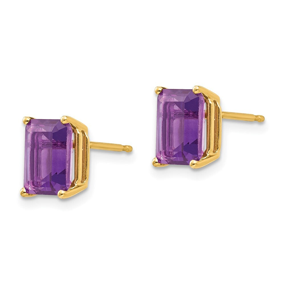 14k Yellow Gold 8x6mm Emerald Cut Amethyst Stud Earrings Gift for Women