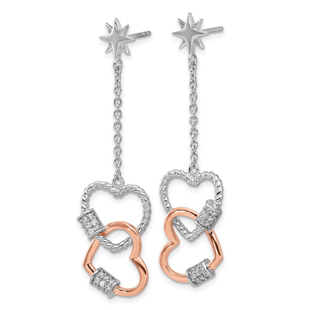Sterling Silver Rose-tone Cubic Zirconia Hearts Dangle Post Earrings