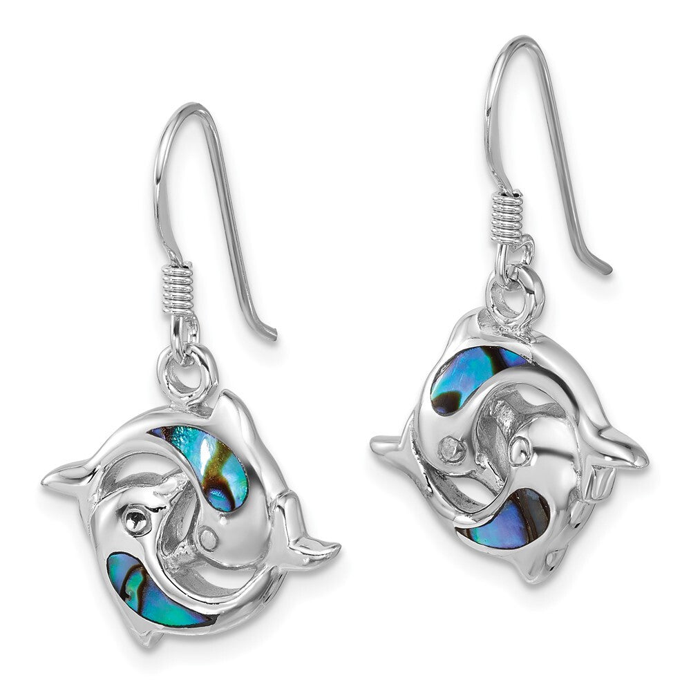Sterling Silver Rhod-plated Polished Abalone Dolphins Dangle Earrings