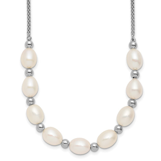 Sterling Silver Polished Beaded 7-8mm Cultured Rice Pearl Necklace 16+2"