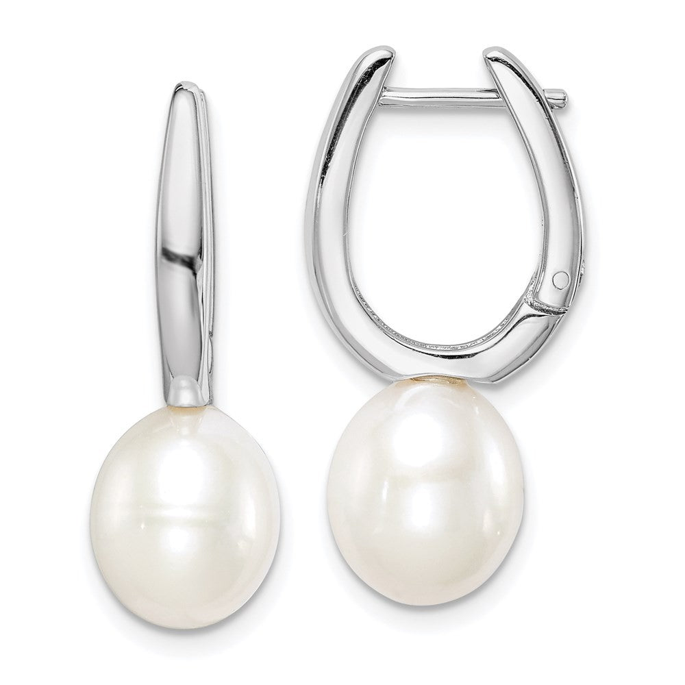 Sterling Silver 7-8mm Rice Freshwater Cultured Pearl Dangle Hoop Earrings