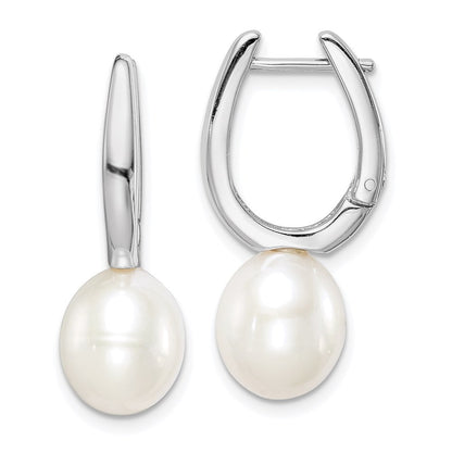 Sterling Silver 7-8mm Rice Freshwater Cultured Pearl Dangle Hoop Earrings