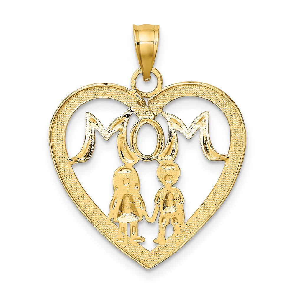 14k Yellow Gold  Rhodium MOM Heart with 2 Kids Charm Pendant for Women