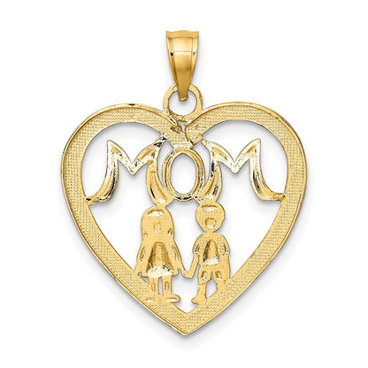 14k Yellow Gold  Rhodium MOM Heart with 2 Kids Charm Pendant for Women