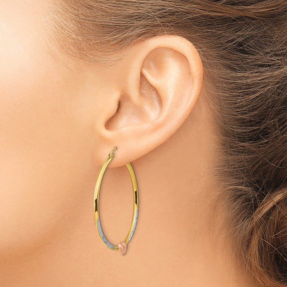 14k Two-tone with White Rhodium Diamond-Cut Heart Hoop Earrings