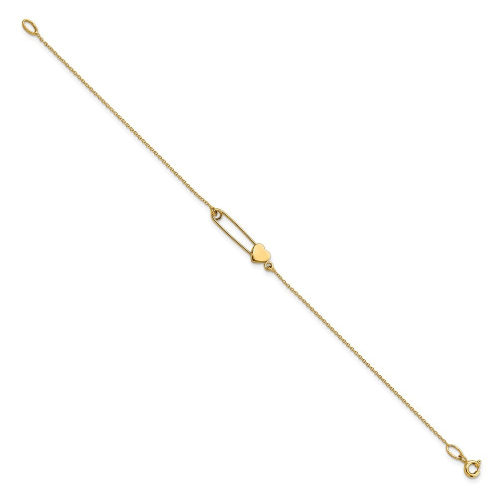 14k Yellow Gold Safety Pin with Heart 7 inch Bracelet