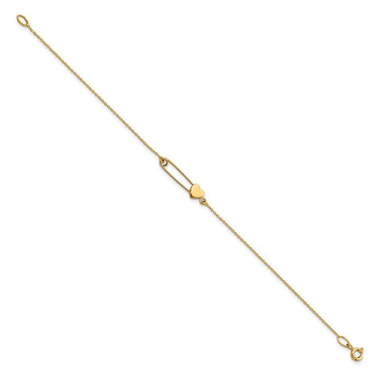 14k Yellow Gold Safety Pin with Heart 7 inch Bracelet