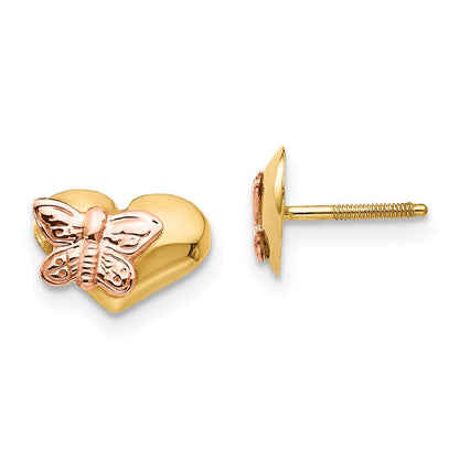 14k Yellow Gold Polished & Rhodium Butterfly Heart Screwback Stud Earrings