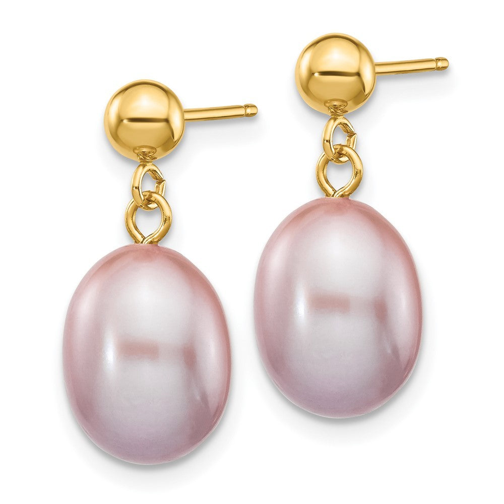 14k Yellow Gold 8-9mm Purple Rice Freshwater Cultured Pearl Dangle Earrings