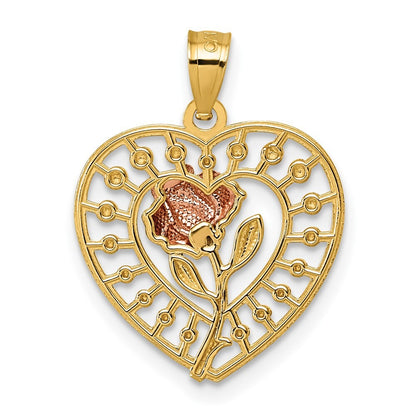 14k Two-tone Gold Diamond Cut Polished Rose In Heart Pendant for Women