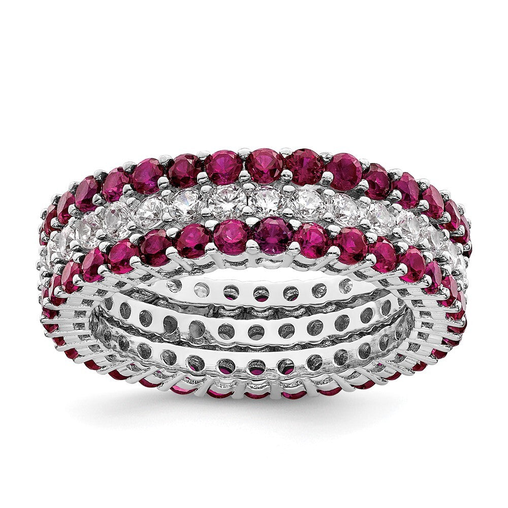Sterling Silver Rhodium-plated Polished Pink & White CZ 3 Ring Set Size 8