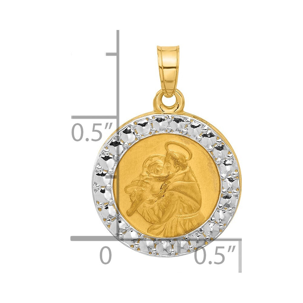 14k Yellow Gold with White Rhodium Hollow St. Anthony Medal Pendant for Women