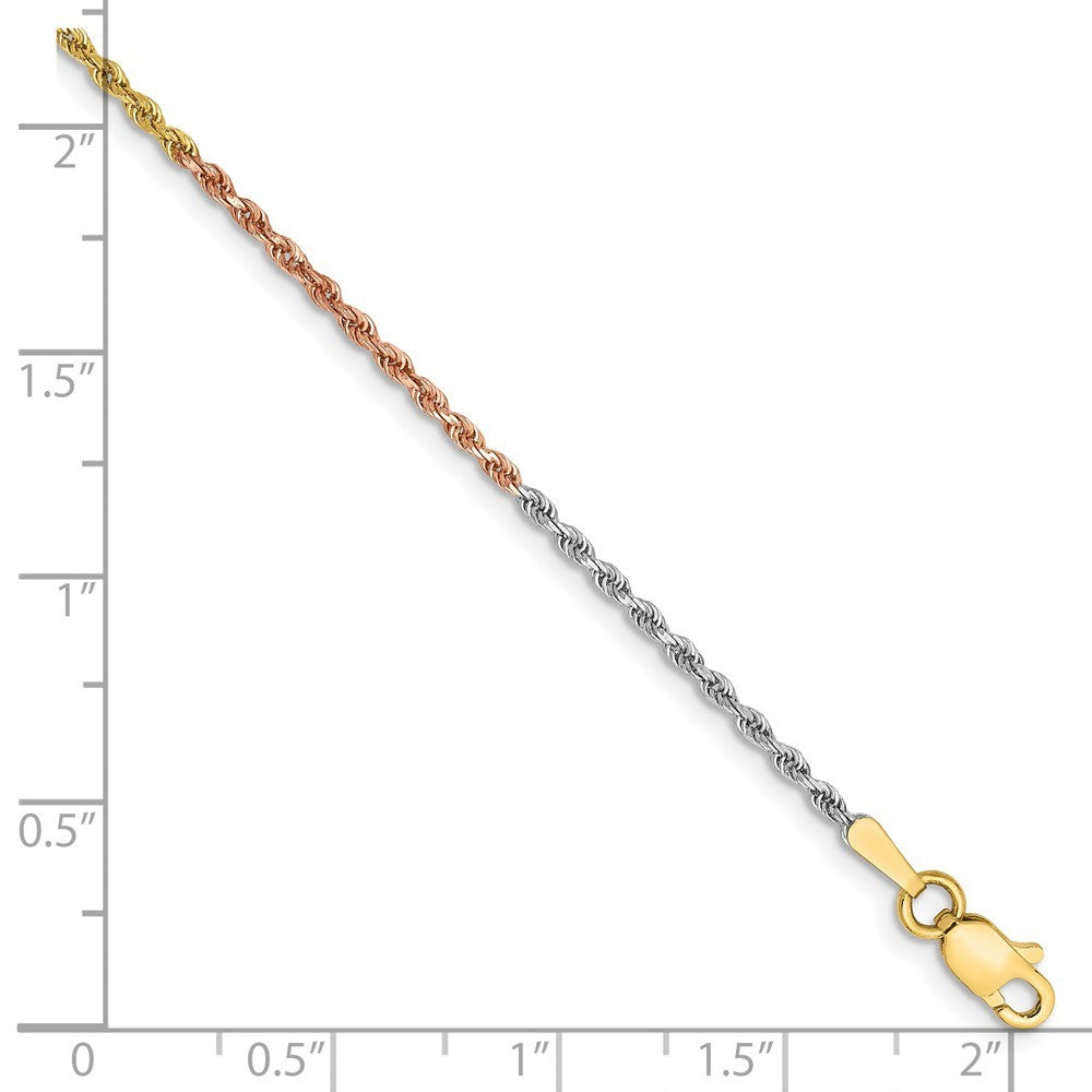 14K Tri-colored 7 inch 1.5mm Diamond-cut Rope Chain Bracelet