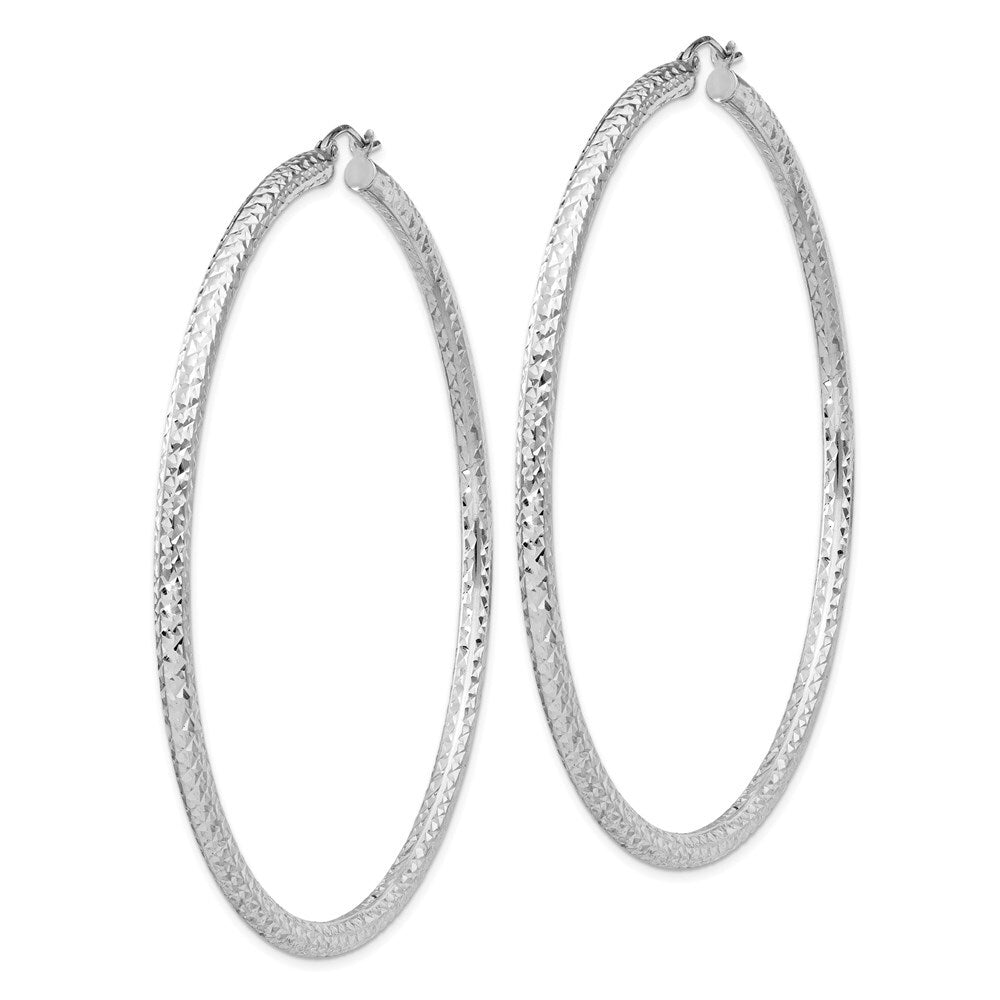 Sterling Silver Rhodium-plated Diamond-cut 3x70mm Hoop Earrings