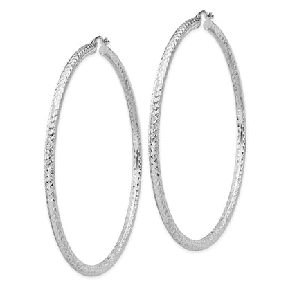 Sterling Silver Rhodium-plated Diamond-cut 3x70mm Hoop Earrings