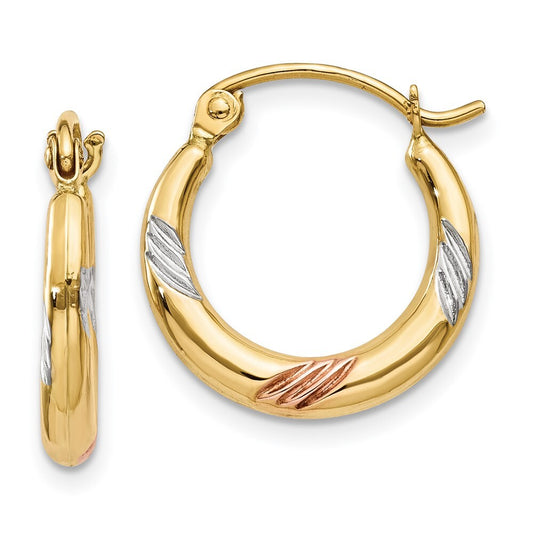 14k Yellow Gold & White & Rose Rhodium Polished & Textured Hoop Earrings