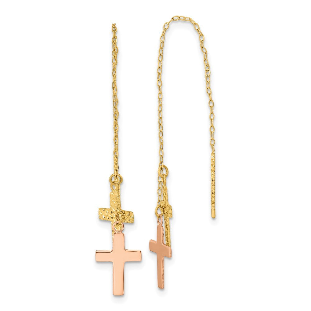 14k Yellow & Rose Diamond-Cut Polished Crosses Threader Earrings