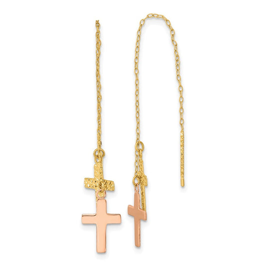 14k Yellow & Rose Diamond-Cut Polished Crosses Threader Earrings