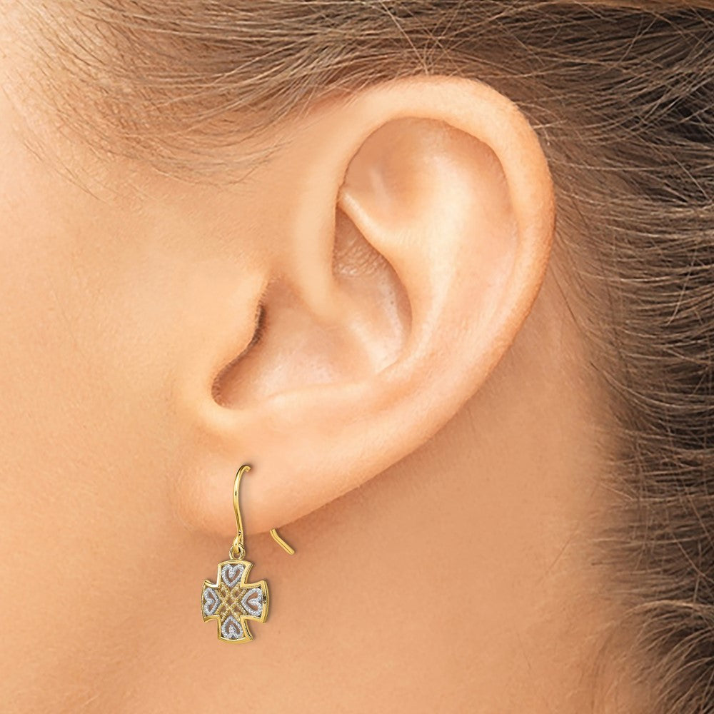 14k Yellow Gold and Rhodium Fancy Dangle Wire Earrings