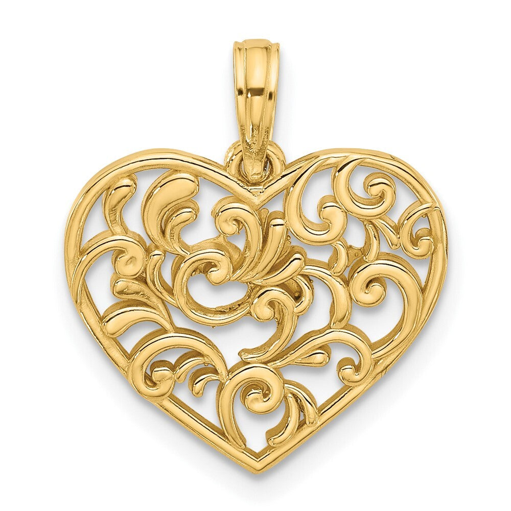 14k Yellow Gold Polished Fancy Heart Charm Pendant for Women