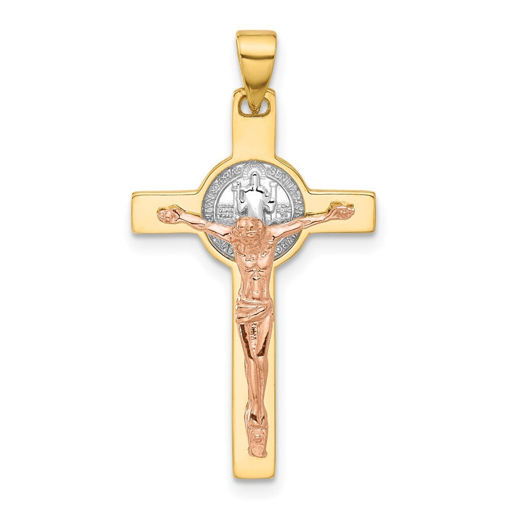 14k Two-tone Gold with White Rhodium Crucifix and St Benedict Pendant