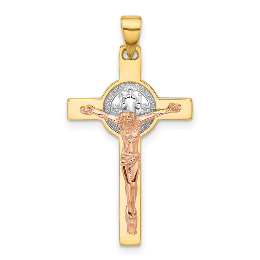 14k Two-tone Gold with White Rhodium Crucifix and St Benedict Pendant