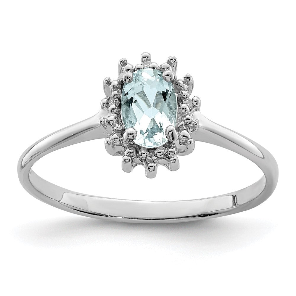Sterling Silver Rhodium Aquamarine Diamond Ring Size 6