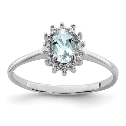 Sterling Silver Rhodium Aquamarine Diamond Ring Size 6